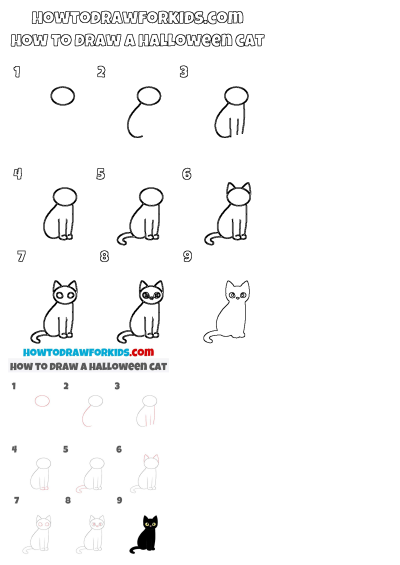 Learn how to draw a Halloween cat with this easy step-by-step drawing guide. Follow these nine simple steps to create your own spooky feline.