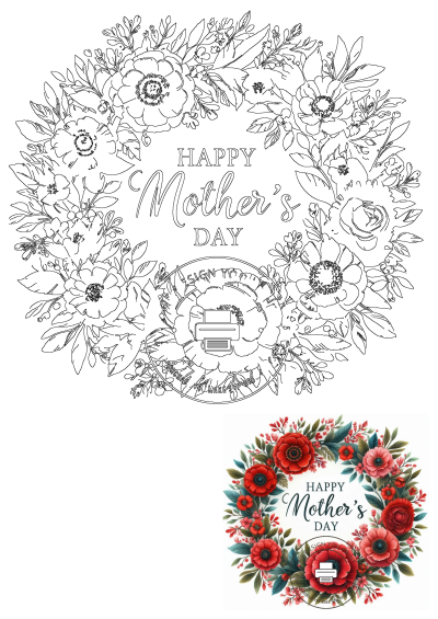 A happy Mother's Day card featuring a beautiful floral wreath. The design includes vibrant red flowers and lush green leaves, perfect for Mother's Day.