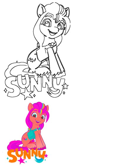 A pink pony with her name Sunny underneath, sitting with stars around her legs. Cartoon illustration of the My Little Pony character.