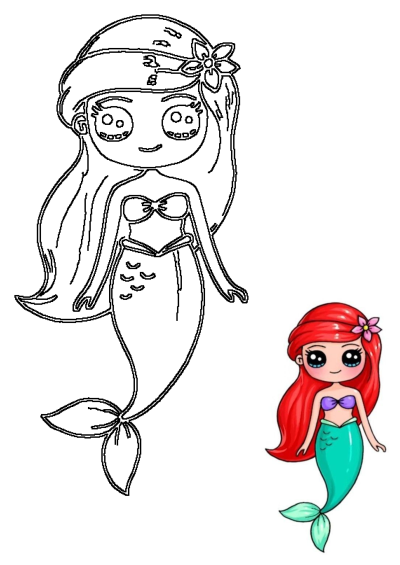 Chibi-style drawing of Ariel, the Little Mermaid, with big eyes, red hair, a flower, and her iconic purple seashell top and green tail.