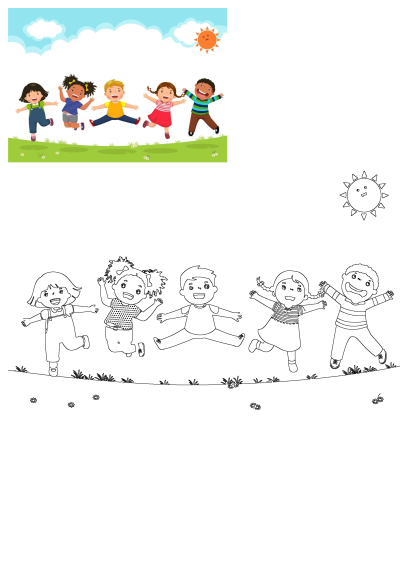 Joyful illustration of children jumping in the air on a sunny day. Diverse group having fun in a playful outdoor scene.