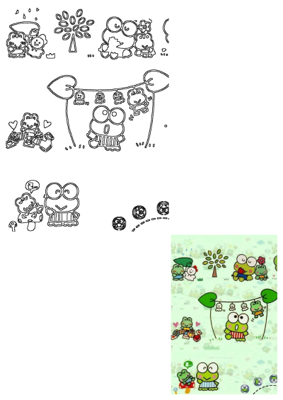 Cartoon image on a white background featuring various cartoon frog characters surrounded by green leaves and other whimsical elements. 