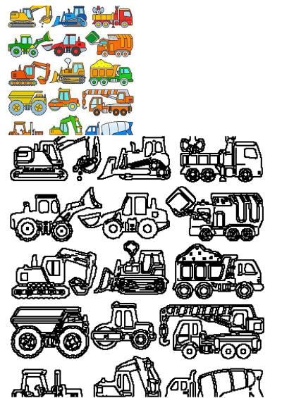 Cartoon image of various construction vehicles. A colorful and fun illustration showing different types of construction machines like tractors and trucks.