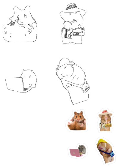Four stickers depicting hamsters and gerbils wearing hats and accessories. One is using laptop, one holding a credit card and another is sleeping.