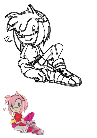 Cartoon Amy Rose sitting with crossed legs, sporting pink shoes. Enjoy this cute depiction of the character in a relaxed pose.