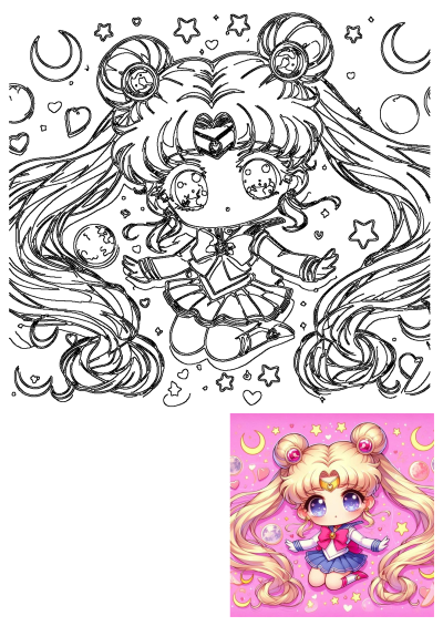 Chibi Sailor Moon in anime style illustration on a pink background with stars, moons, and hearts. cute cartoon character. 
