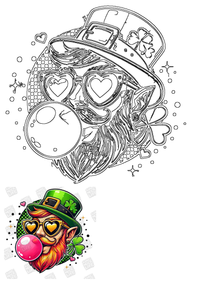 A whimsical leprechaun with heart-shaped glasses and a festive hat blowing a pink bubble. Perfect for Saint Patrick's Day celebrations.