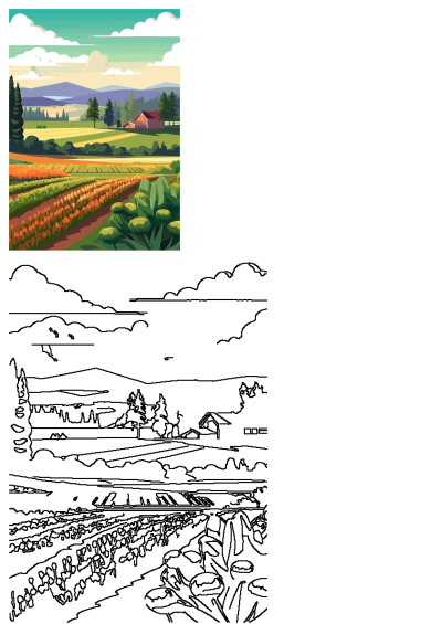 Painting of a vibrant rural landscape featuring fields of crops, trees, and a farmhouse, evoking a sense of tranquility. Beautiful vector art.