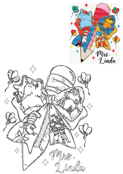 The dr seuss and his friends are flying in the sky with balloons, stars, and presented as a bow with 'Mrs. Linda' name for personalized.