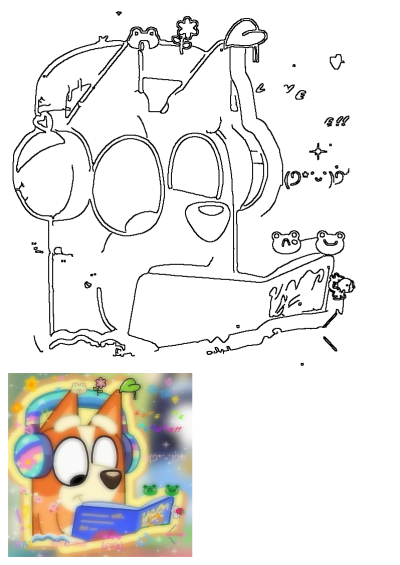 Lenie <3. Adorable aesthetic profile picture of Bluey character reading a book while wearing rainbow headphones with cute stickers and hearts.