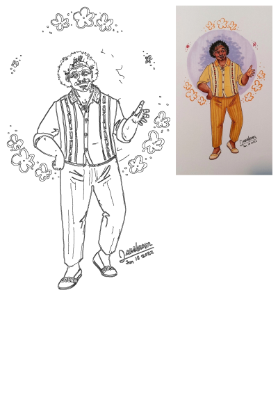 Drawing of a man with an afro, wearing yellow and orange pants, holding his hand out. surrounded by flower motifs, stands smiling.