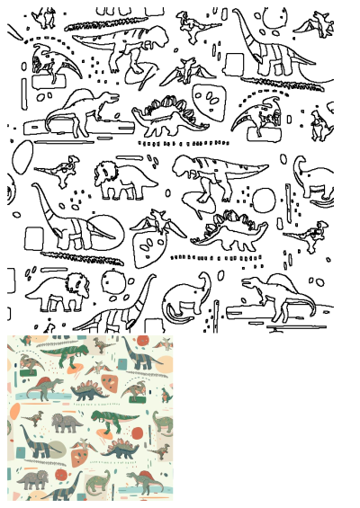 A vibrant illustration featuring dinosaurs and other prehistoric animals in orange, green, blue, and pink on a clean white backdrop.