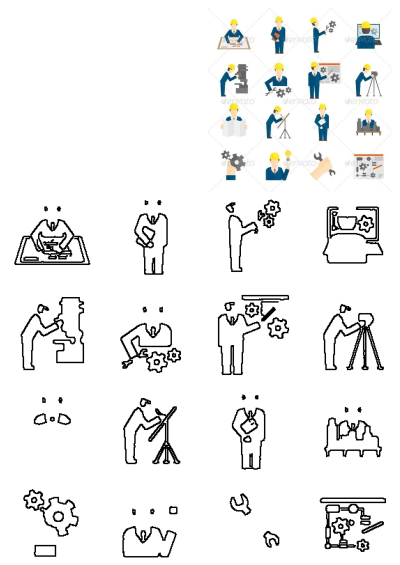 Set of Engineer Icons showcasing various roles: design, construction, manufacturing. Illustrates engineers in different work scenarios.