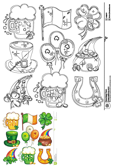 St Patrick's Day clipart set featuring shamrocks, balloons, clovers, beer, Irish flag, leprechaun hat, pot of gold, horseshoe and rainbow.