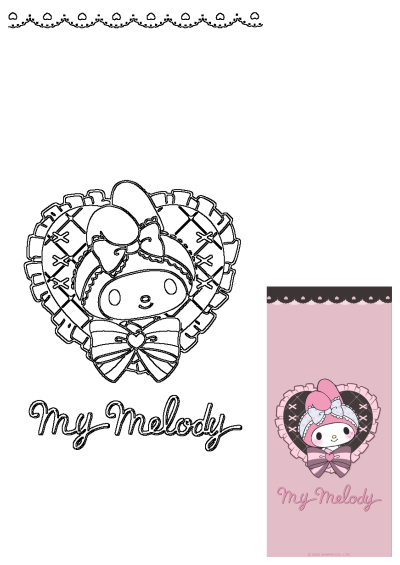 A pink card featuring My Melody, the Sanrio character, with a bow tie. The background is a heart shape with lace and X design.