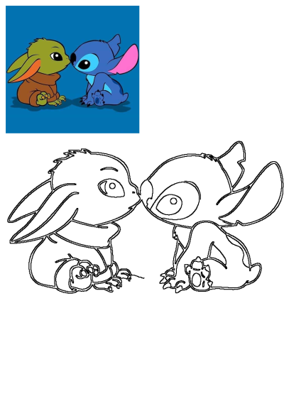 Cute cartoon illustration of Baby Yoda and Stitch nuzzling noses. A sweet image of two beloved characters in a heartwarming moment.