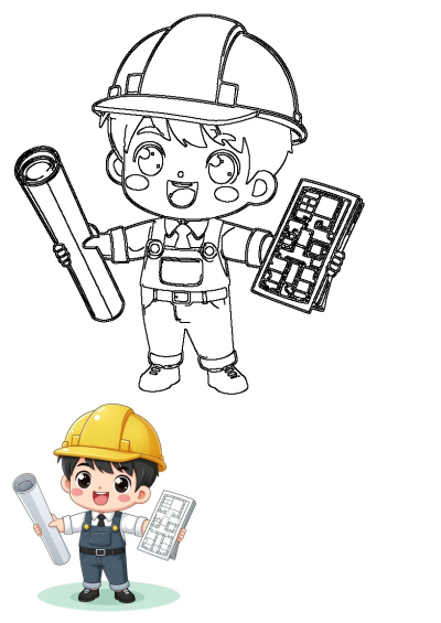 Cartoon illustration of an architect or construction worker with yellow hard hat holding blueprints and a rolled plan, smiling broadly.
