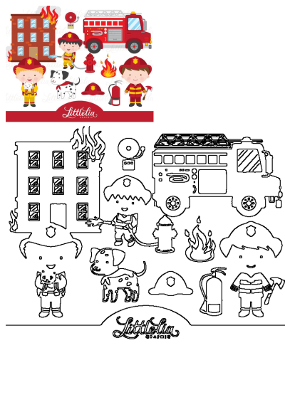 Firefighter clipart set featuring dogs, a firetruck, a burning building, fireman characters, and firefighting equipment. Vector graphics.