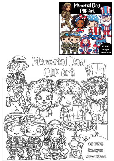 Memorial Day clip art, printable for all ages to use on t-shirts and other projects. A set of diverse and patriotic cartoon characters.