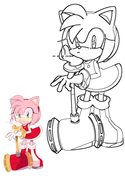 Amy Rose from Sonic the Hedgehog with pink hair and red shoes. She's holding her signature Piko Piko Hammer. A cartoon character full of charm.