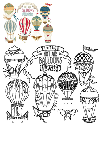 Vintage hot air balloons clipart set with decorative banners, ribbons, and flags, perfect for retro design projects and celebrations.