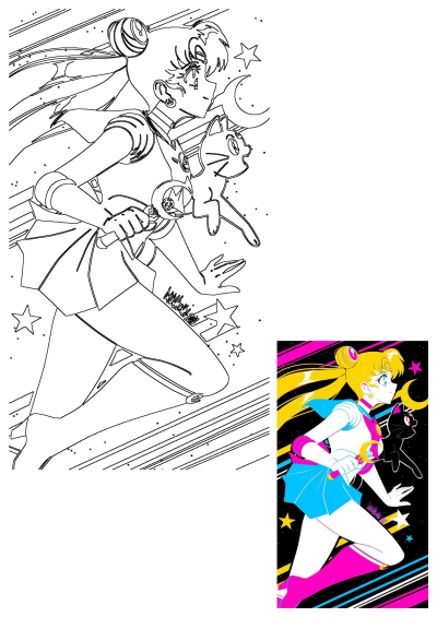 Sailor Moon runs with Luna the cat, set against a starry background. A vibrant cartoon character with her feline companion in action.