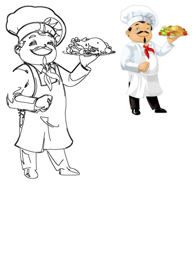 Cartoon chef holding a plate of food with roasted turkey, tomatoes and green salad. This image features a friendly chef ready to serve a tasty meal.