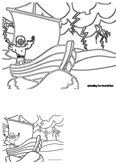Bible coloring page for kids showing Jesus on a boat with lightning. A printable scene of Jesus calming the storm for coloring.