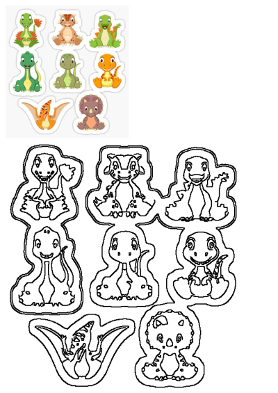 A sticker sheet of six different types of dinosaurs with colorful and cute designs, perfect for kids and dinosaur enthusiasts.