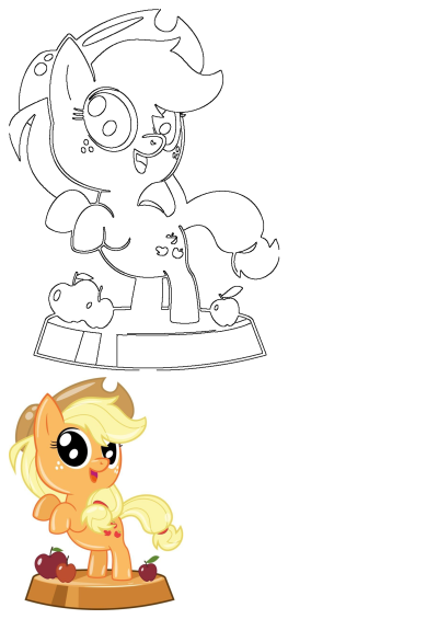 A little pony Applejack is standing on top of a wooden base with cherries around its neck, creating a charming and whimsical scene.