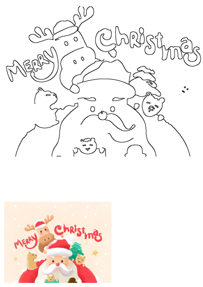 Cute line art illustration of Santa Claus, a reindeer, small bears, and a Christmas tree with 'Merry Christmas' text.
