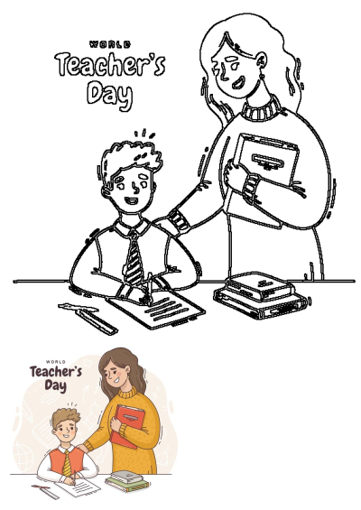 A woman teacher helps a young boy with his homework at his desk with a book. Happy World Teacher's Day illustration. 