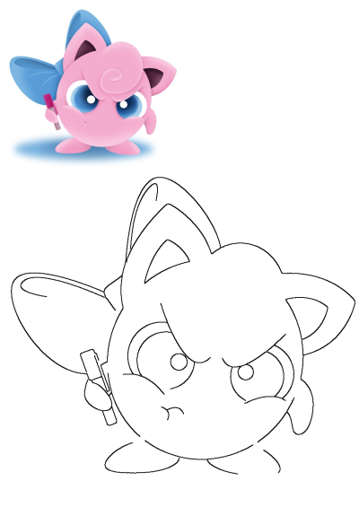 A pink and blue Jigglypuff with big eyes holding a lipstick. This Pokemon looks very angry while holding the tool.