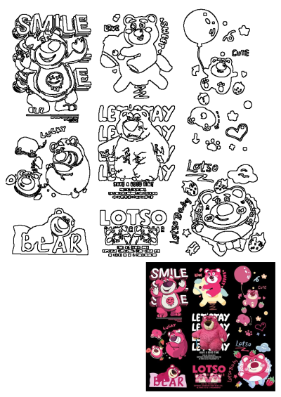 A pink teddy bear and other stickers on a black background featuring Lotso bear in various poses and styles, creating a vibrant collection.