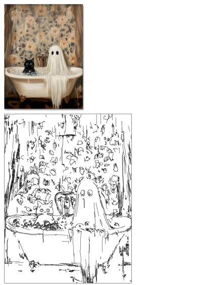 a painting of a black cat in a bathtub with ghost decorations on the wall