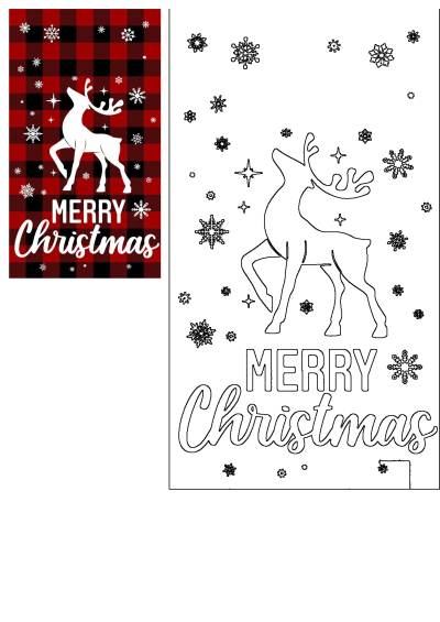 Festive red and black buffalo plaid design with white reindeer, 'Merry Christmas' text, and snowflakes, plus a matching outline version.