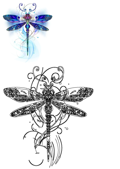 Detailed illustration of a stylized dragonfly featuring ornate patterns and gradients of blue and purple wings against a light background.