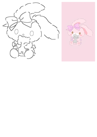 Adorable pink bunny cartoon with a bow, holding a gray kitten. Charming illustration on a soft pink background. Cute and kawaii style.