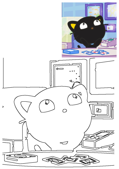 Cartoon image of a black cat sitting at a table in front of a blue box with playing cards scattered. Whimsical cartoon drawing.