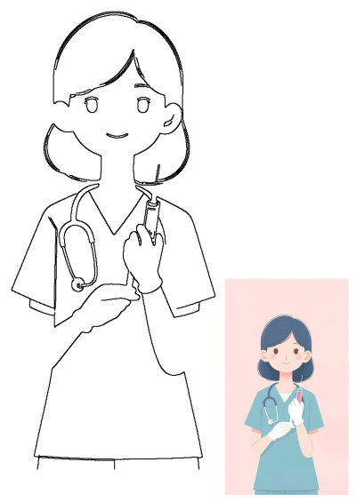 A cartoon of a woman in scrubs and gloves holding a syringe with her hand on her chest, possibly related to vaccination or health.