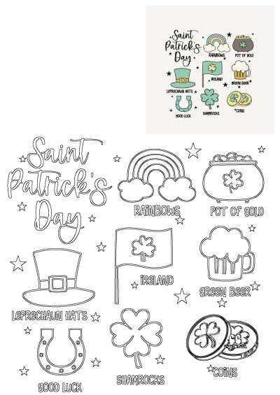 Saint Patrick's Day stickers with shamrocks, pot of gold, Irish flags, leprechaun hats, rainbows, green beer, and lucky coins.