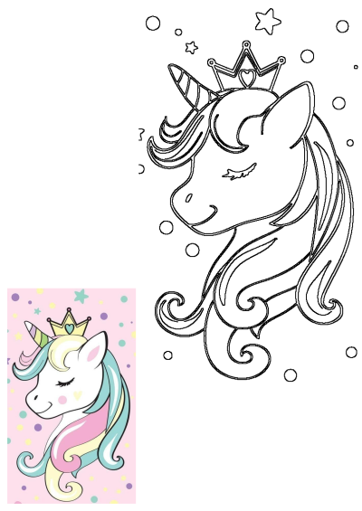 Cute unicorn princess head with a golden crown and flowing rainbow mane. Features a vibrant illustration and a clear outline drawing.