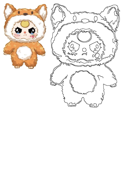 Adorable illustration of a cute cartoon character in a fox costume, looking sad with tears and a strawberry on its cheek. 