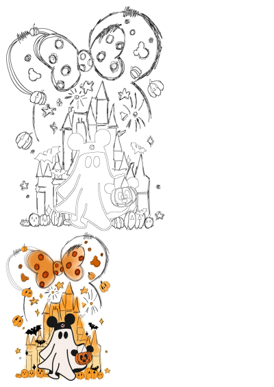 A spooky Halloween image with a ghost wearing Mickey Mouse ears holding a pumpkin in front of a castle with pumpkins and a Minnie bow.