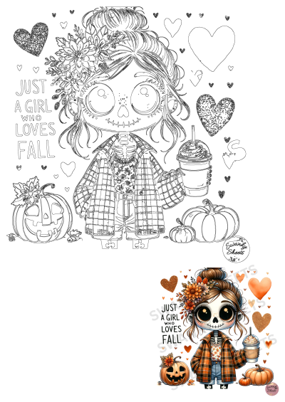 Cartoon skeleton girl enjoying fall with coffee and pumpkins. Just a girl who loves fall.  Perfect for autumn vibes and Halloween fun.