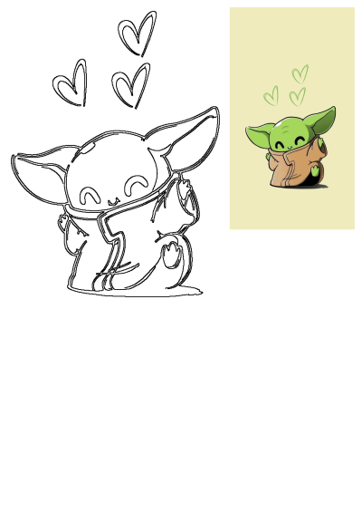 Adorable Baby Yoda cartoon with three hearts floating above. This artwork is sweet and appealing, showcasing a cute character with love.