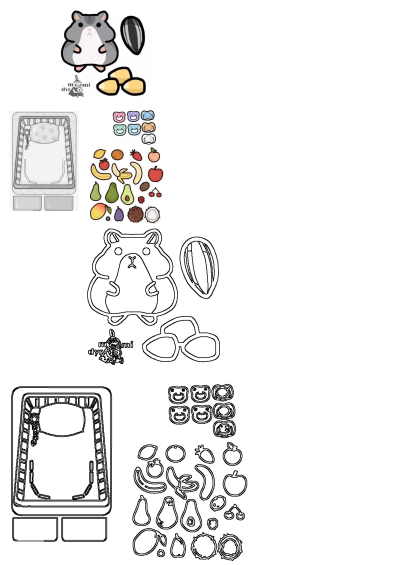 A cartoon hamster sits near cutouts: a baby crib, fruits, pacifiers, sunflower seeds and other items. Image is consistent with the alt description.