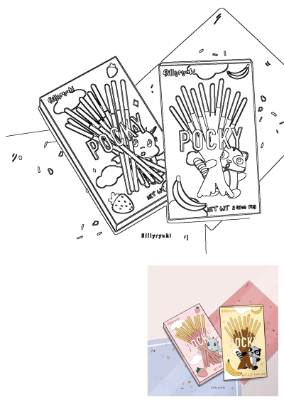 Etsy shop sticker business featuring cute Japanese Pocky snack boxes with strawberry and banana flavors, perfect for sticker designs.