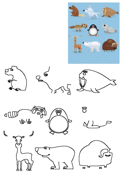 An animal set with different types of animals, this cartoon illustration showcases a beaver, wolf, walrus, raccoon, penguin, seal, deer, polar bear, and yak.