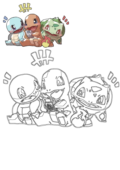 Three different types of Pokemons: Squirtle, Charmander playing a device, and Bulbasaur laying next to each other. Cute illustration.